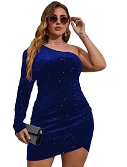 Women's Plus Size One Shoulder Long Sleeve Ruched Wrap Velvet Bodycon Dress