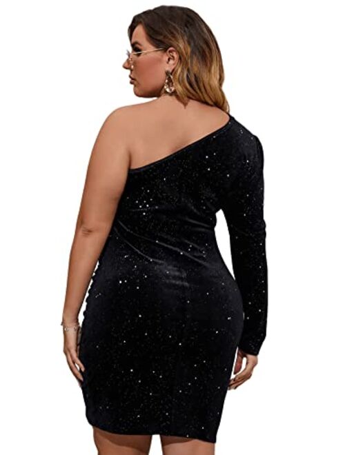 SOLY HUX Women's Plus Size One Shoulder Long Sleeve Ruched Wrap Velvet Bodycon Dress