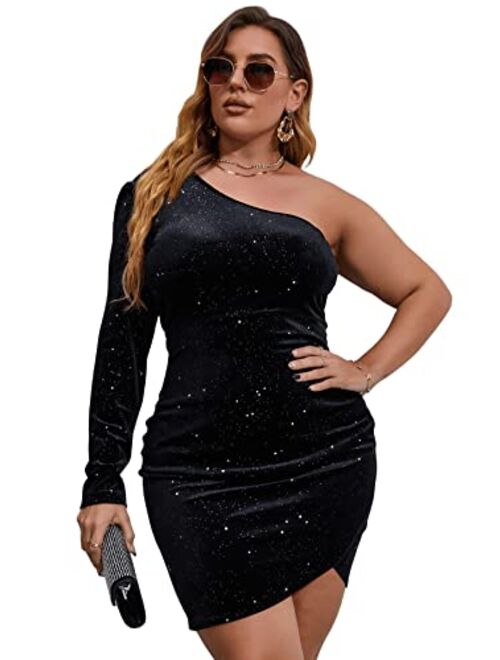 SOLY HUX Women's Plus Size One Shoulder Long Sleeve Ruched Wrap Velvet Bodycon Dress