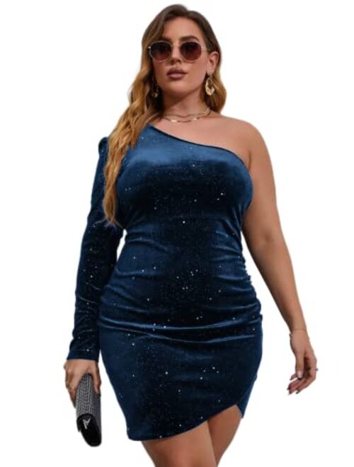 SOLY HUX Women's Plus Size One Shoulder Long Sleeve Ruched Wrap Velvet Bodycon Dress