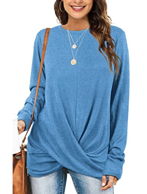 Jescakoo Tunic Tops For Leggings For Women Twist Front Long Sleeve Crew Neck Shirts