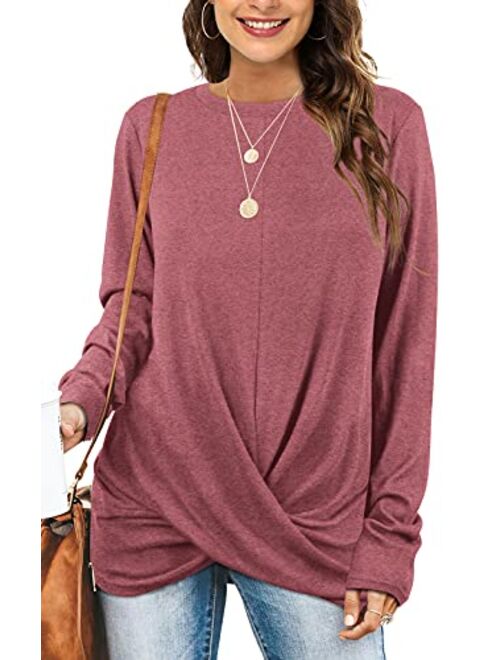 Jescakoo Tunic Tops For Leggings For Women Twist Front Long Sleeve Crew Neck Shirts