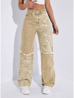 SHEIN EZwear Cartoon Graphic Raw Hem Straight Leg Jeans