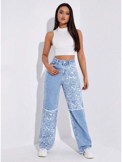 SHEIN EZwear Cartoon Graphic Raw Hem Straight Leg Jeans