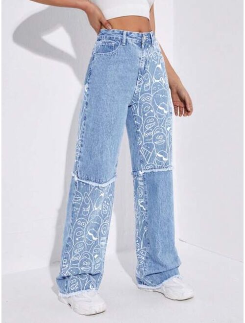 SHEIN EZwear Cartoon Graphic Raw Hem Straight Leg Jeans