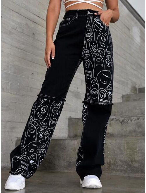 SHEIN EZwear Cartoon Graphic Raw Hem Straight Leg Jeans