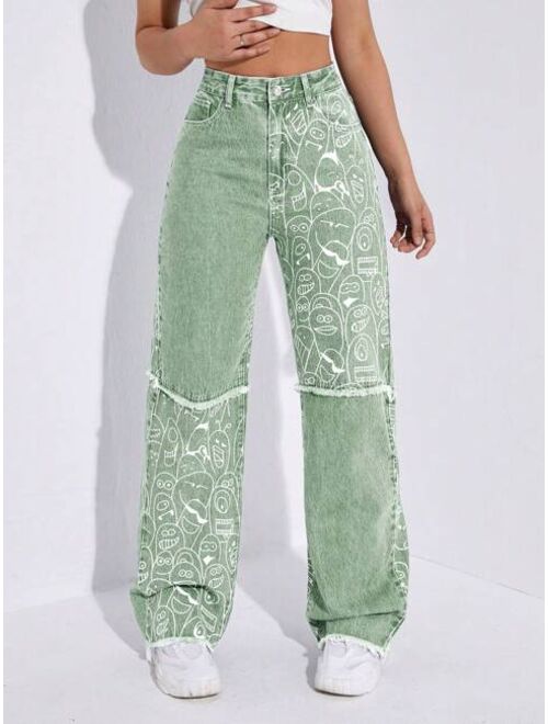 SHEIN EZwear Cartoon Graphic Raw Hem Straight Leg Jeans