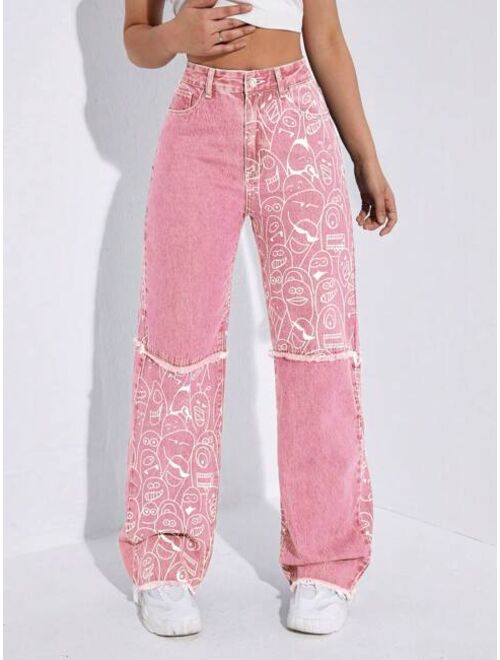 SHEIN EZwear Cartoon Graphic Raw Hem Straight Leg Jeans