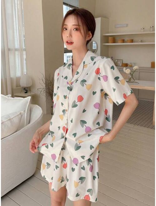 DAZY Floral Print Lapel Collar PJ Set