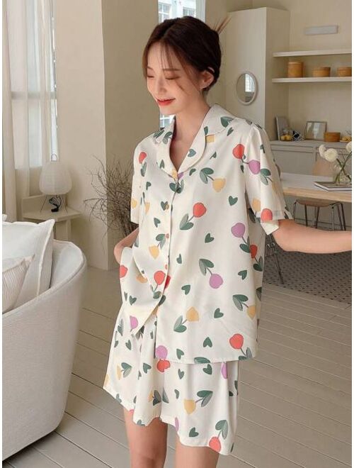 DAZY Floral Print Lapel Collar PJ Set