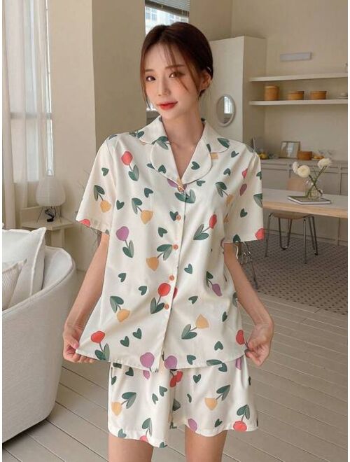 DAZY Floral Print Lapel Collar PJ Set