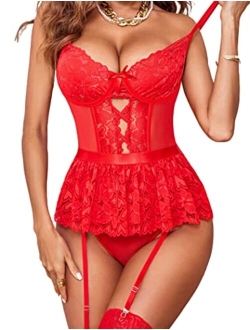 Women Garter Lingerie Set Lace Strappy Teddy Underwired Naughty Bodysuit Exotic One Piece Babydoll