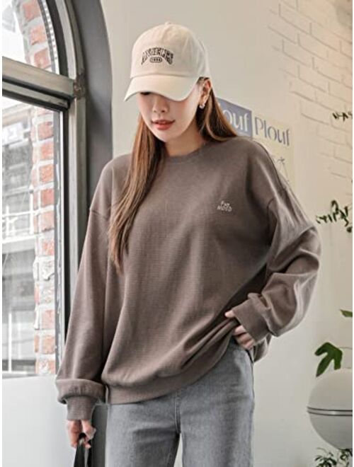 SOLY HUX Women's Letter Embroidery Sweatshirt Drop Shoulder Long Sleeve Oversized Pullover Top