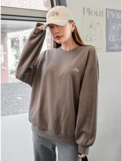 SOLY HUX Women's Letter Embroidery Sweatshirt Drop Shoulder Long Sleeve Oversized Pullover Top