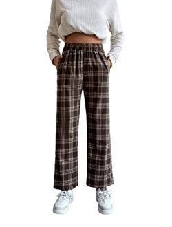 Women's Casual Gingham Relaxed Fit Elastic High Waisted Straight Wide Leg Y2K Trousers Pants