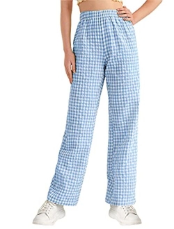 Women's Casual Gingham Relaxed Fit Elastic High Waisted Straight Wide Leg Y2K Trousers Pants