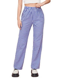 Women's Casual Gingham Relaxed Fit Elastic High Waisted Straight Wide Leg Y2K Trousers Pants