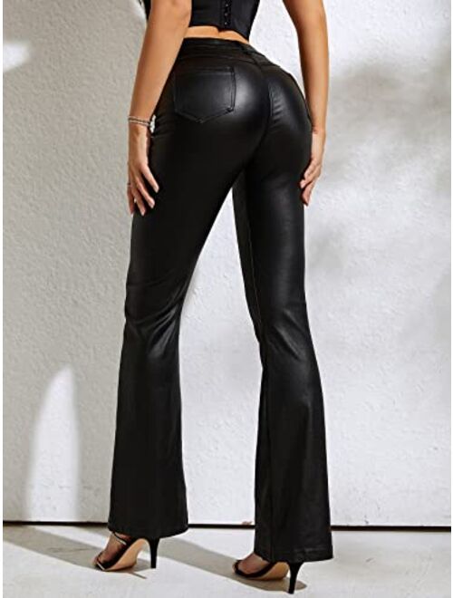 SOLY HUX Women's High Waisted Flare Leg PU Leather Long Pants Trousers with Pocket