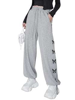 Women's Butterfly Print Elastic High Waisted Sweatpants Joggers Pants