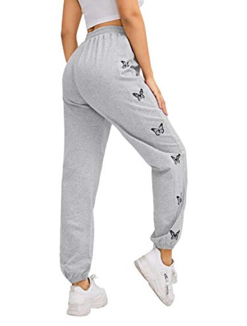 SOLY HUX Women's Butterfly Print Elastic High Waisted Sweatpants Joggers Pants