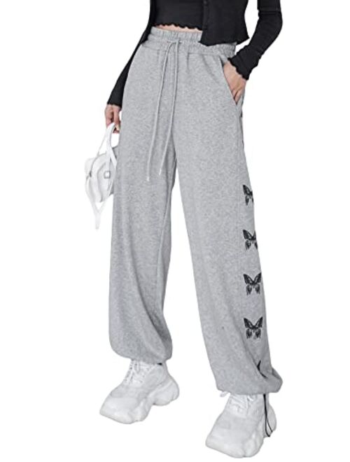 SOLY HUX Women's Butterfly Print Elastic High Waisted Sweatpants Joggers Pants