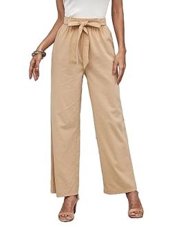 Women's High Waisted Wide Leg Belted Long Pants Casual Trousers