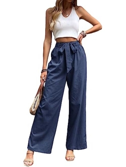 Women's High Waisted Wide Leg Belted Long Pants Casual Trousers