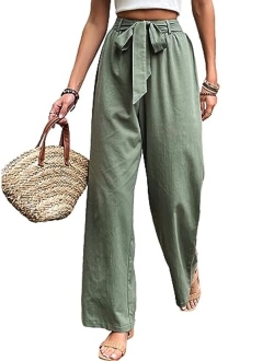 Women's High Waisted Wide Leg Belted Long Pants Casual Trousers