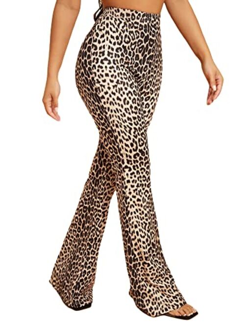 SOLY HUX Women's Leopard Print High Elastic Waisted Casual Flare Leg Bell Bottom Pants Trousers