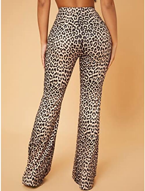 SOLY HUX Women's Leopard Print High Elastic Waisted Casual Flare Leg Bell Bottom Pants Trousers