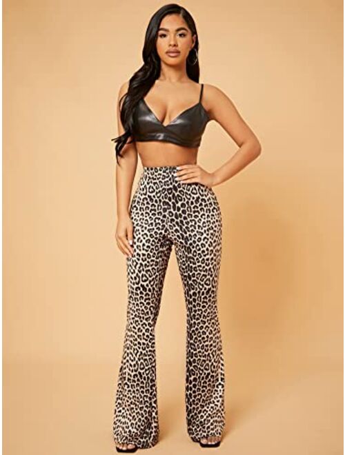 SOLY HUX Women's Leopard Print High Elastic Waisted Casual Flare Leg Bell Bottom Pants Trousers