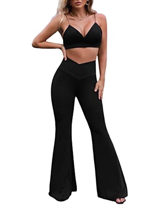 SOLY HUX Women's Elastic High Waisted Flare Leg Long Pants Stretch Solid Trousers