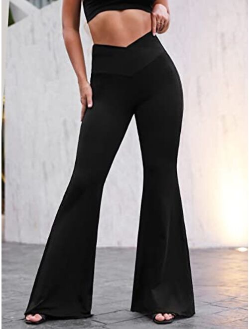 SOLY HUX Women's Elastic High Waisted Flare Leg Long Pants Stretch Solid Trousers