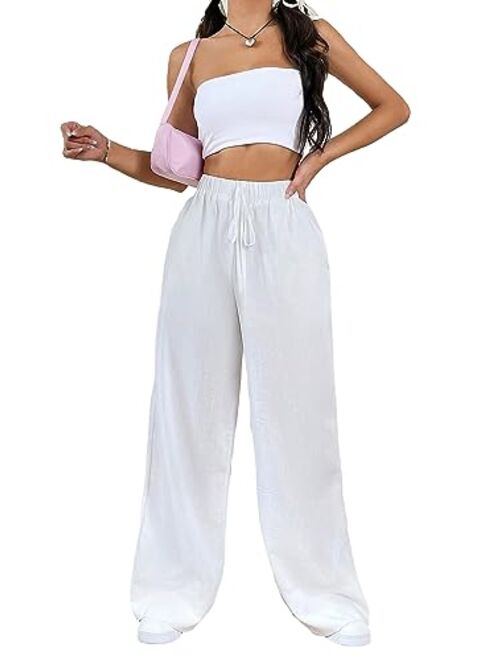 SOLY HUX Women's Tie Front High Waisted Wide Leg Long Pants Casual Trousers with Pockets