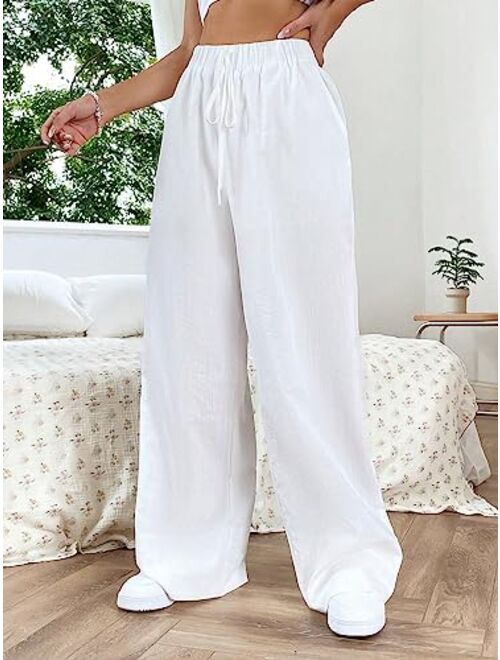 SOLY HUX Women's Tie Front High Waisted Wide Leg Long Pants Casual Trousers with Pockets