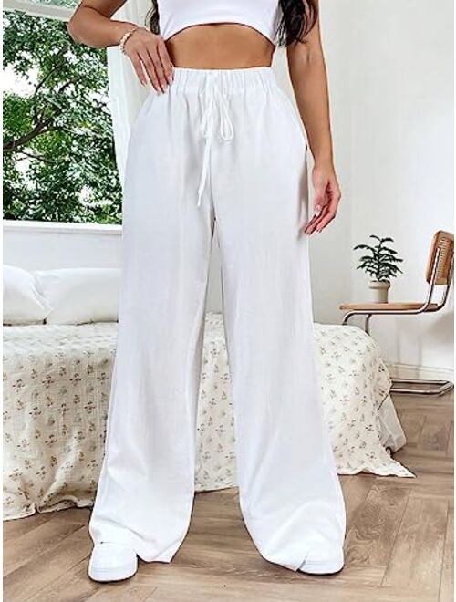 SOLY HUX Women's Tie Front High Waisted Wide Leg Long Pants Casual Trousers with Pockets