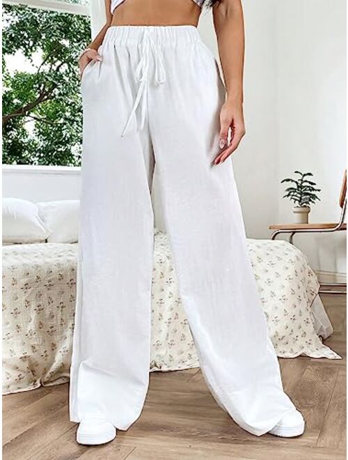 SOLY HUX Women's Tie Front High Waisted Wide Leg Long Pants Casual Trousers with Pockets