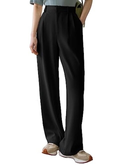 Women's High Waist Pleated Straight Leg Pants Casual Work Office Trousers with Pockets