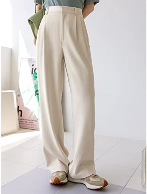 SOLY HUX Women's High Waist Pleated Straight Leg Pants Casual Work Office Trousers with Pockets