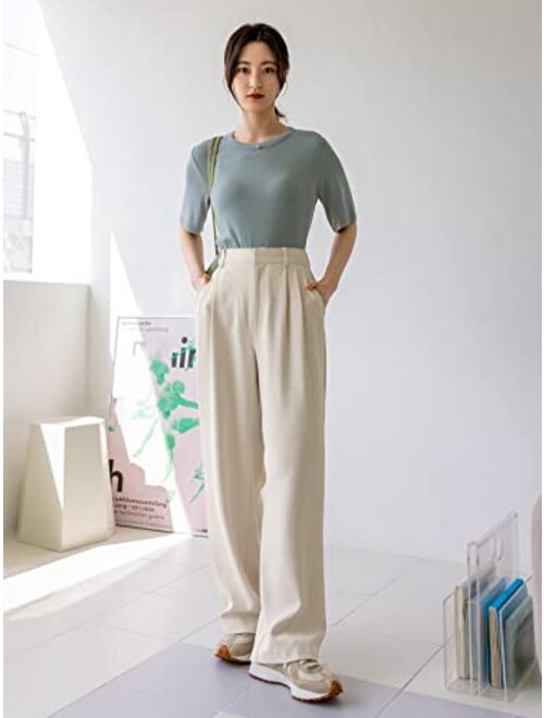 SOLY HUX Women's High Waist Pleated Straight Leg Pants Casual Work Office Trousers with Pockets