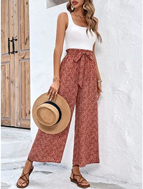 SOLY HUX Women's Ditsy Floral Print High Waisted Wide Leg Pants Boho Casual Belted Long Pants Trousers