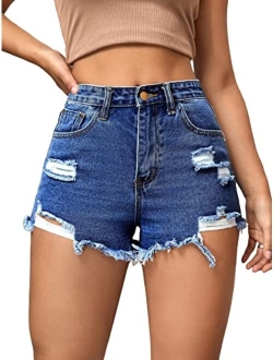 Women's High Waist Ripped Raw Trim Denim Shorts Casual Summer Short Jeans with Pockets