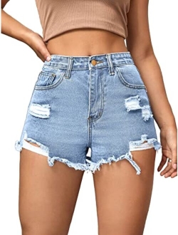 Women's High Waist Ripped Raw Trim Denim Shorts Casual Summer Short Jeans with Pockets