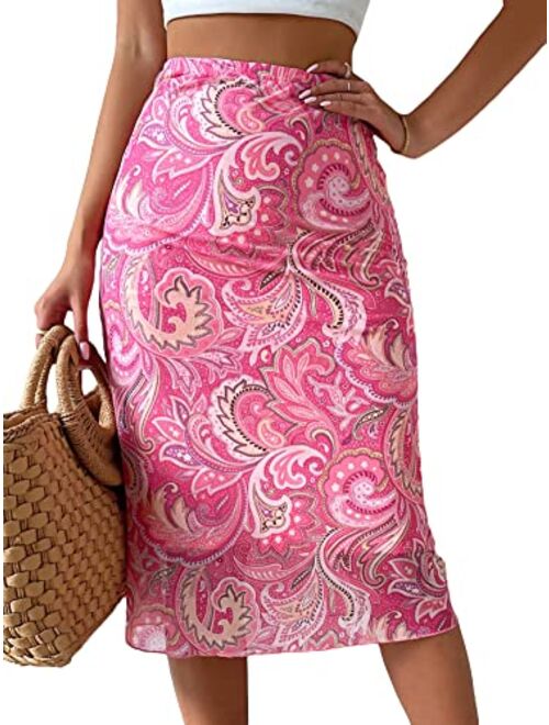 SOLY HUX Women's High Waist Silk Satin Flared A Line Midi Skirt