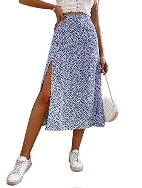 SOLY HUX Women's High Waist Silk Satin Flared A Line Midi Skirt