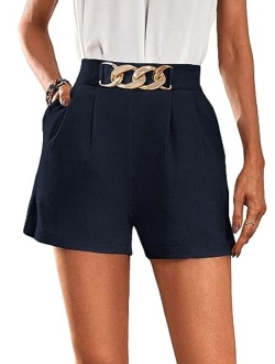 Women's Elegant High Waist Pleated Straight Leg Summer Shorts with Pockets