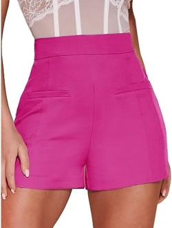 Women's Elegant High Waist Pleated Straight Leg Summer Shorts with Pockets