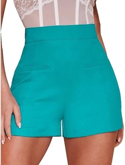 Women's Elegant High Waist Pleated Straight Leg Summer Shorts with Pockets