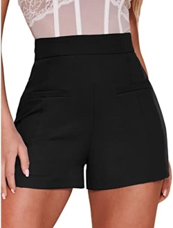 Women's Elegant High Waist Pleated Straight Leg Summer Shorts with Pockets