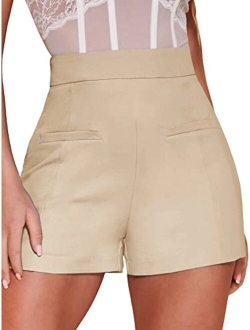 Women's Elegant High Waist Pleated Straight Leg Summer Shorts with Pockets